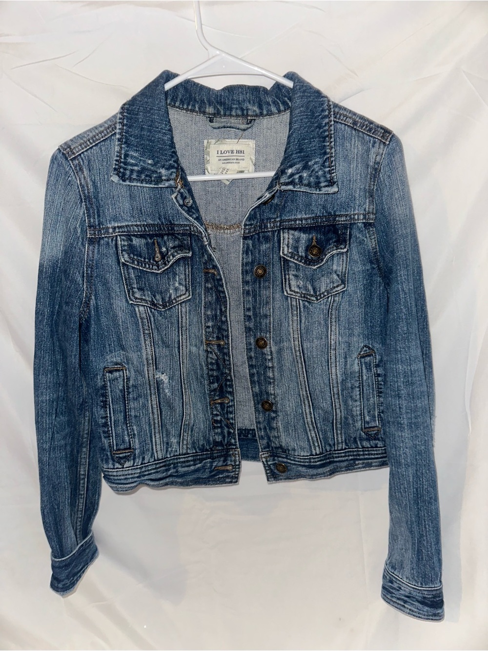 I Love H81 Distressed Denim Jean Jacket Size Medium